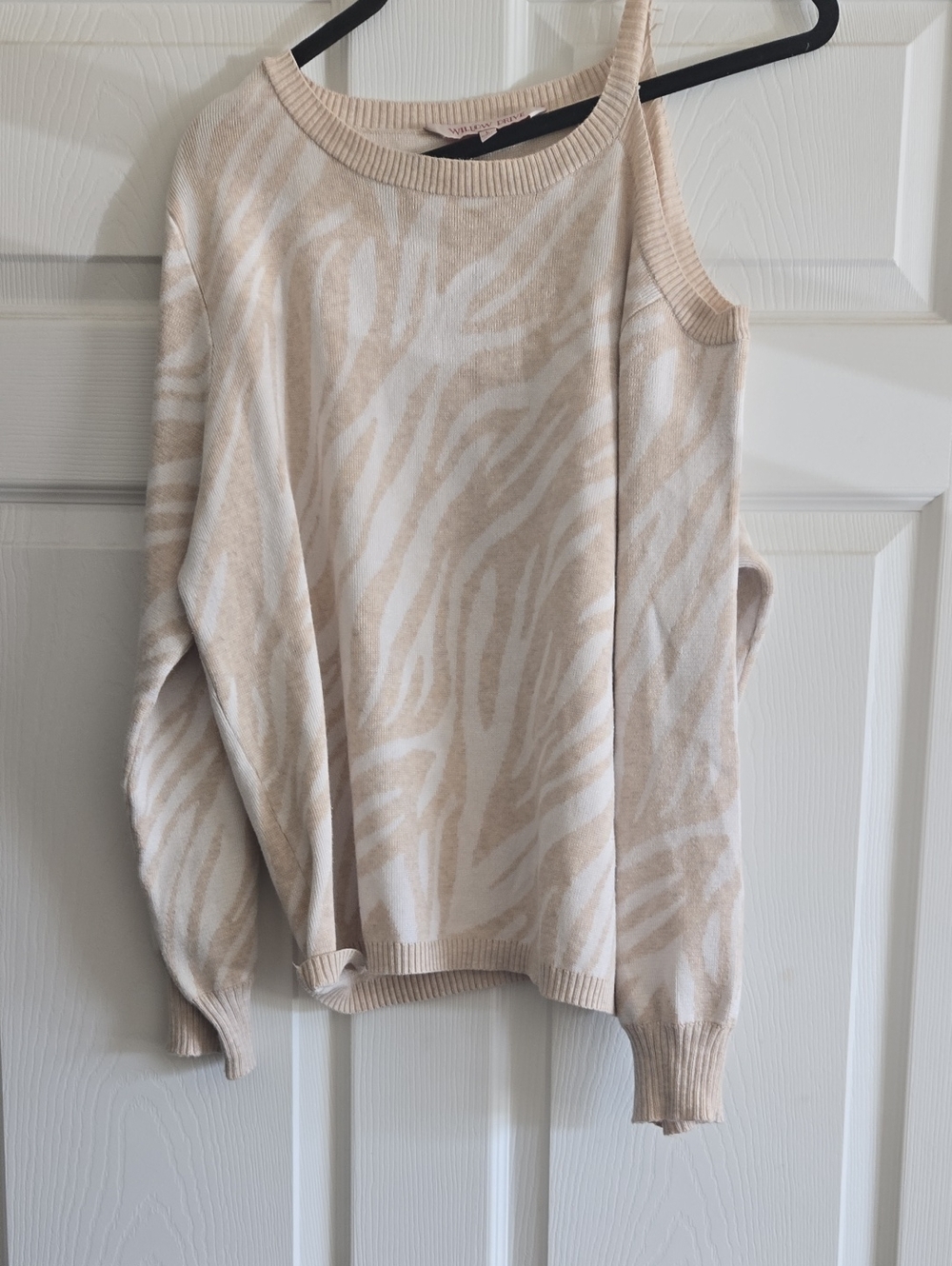 Beige Zebra-Print Cold Shoulder Sweater
